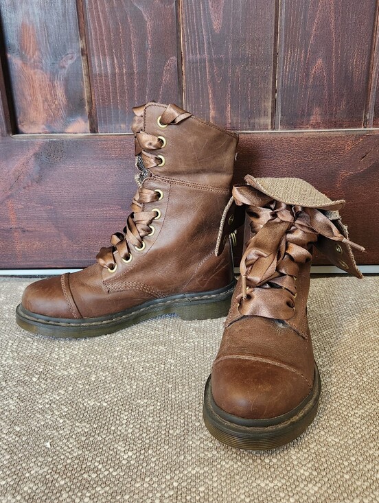 Dr. Martens Shoes - Dr Martens Aimilita W Sz 8 Brown Leather Fold Down Herringbone Tweed Lined Boots